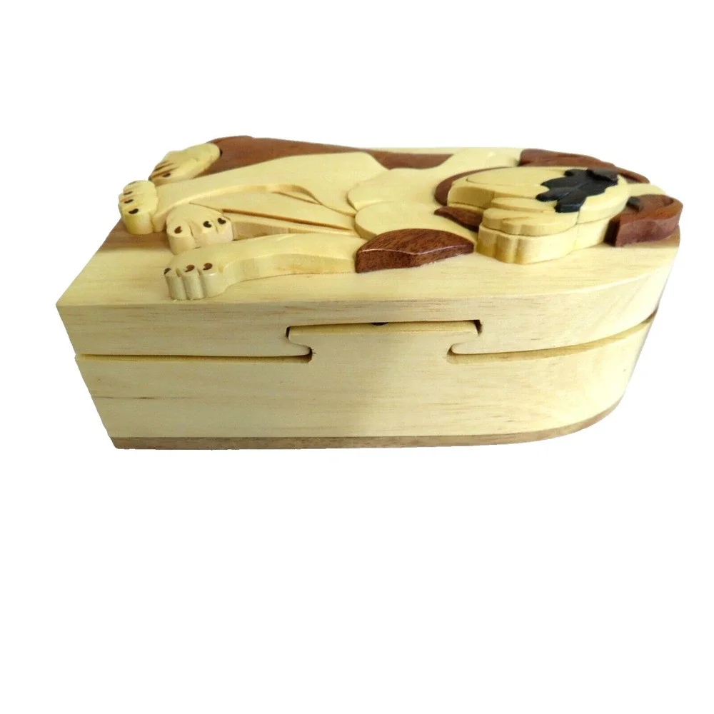 Carver Dan's Hand‎ Crafted Wooden Dog Puzzle Secret Compartment Box BULLDOG